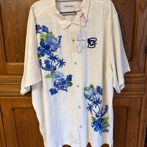 Tommy Bahama Creighton Bluejays Men’s Cream Hawaiian Shirt, Blue Floral Print